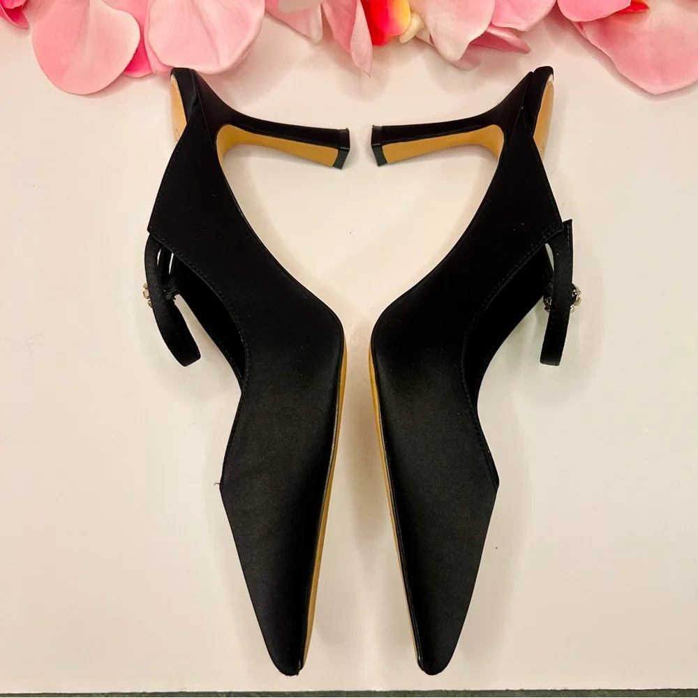 Jewel Badgley Mischka | Kaylin Pointed Toe Mule - Black Satin Heels (Size 8.5) - Picture 10 of 16